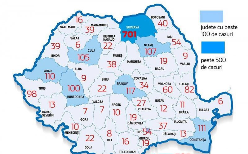 Harta cazurilor din România pe judeţe. Clujul, pe locul 6 naţional