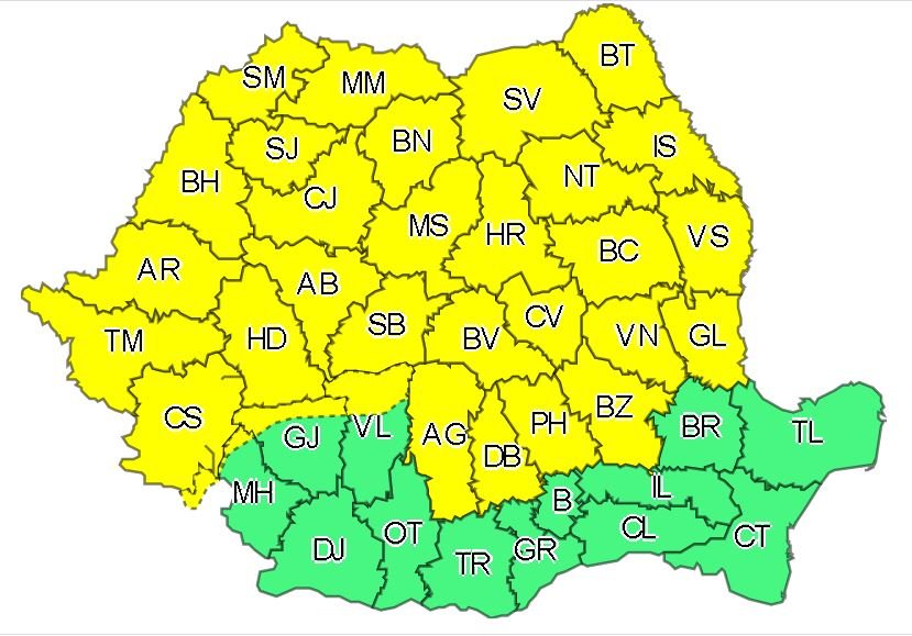 Cod galben de ploi torențiale în Cluj și alte 31 de județe