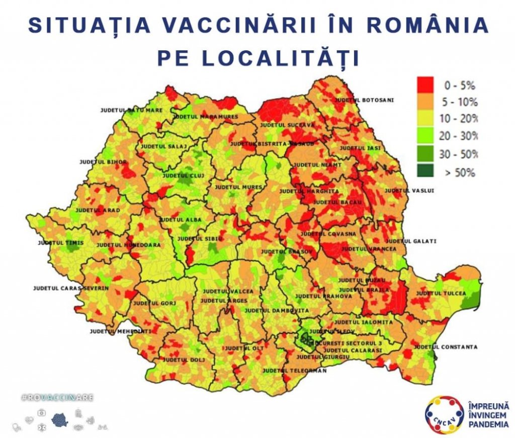 Localitățile din România cu cea mai mare rată de vaccinare. Cluj-Napoca, singurul municipiu din TOP 10/Situația pe județ