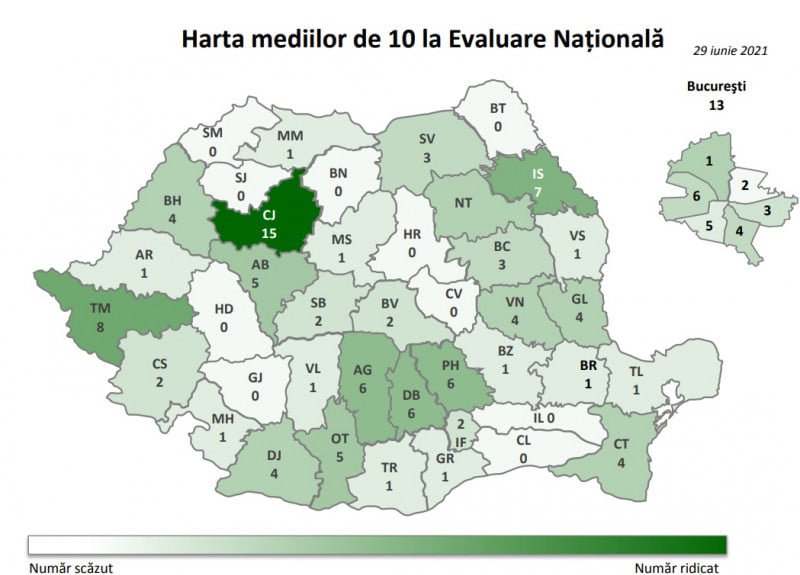 Cum arată harta mediilor de 10 la Evaluarea Națională 2021