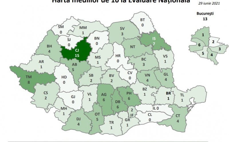 Cum arată harta mediilor de 10 la Evaluarea Națională 2021