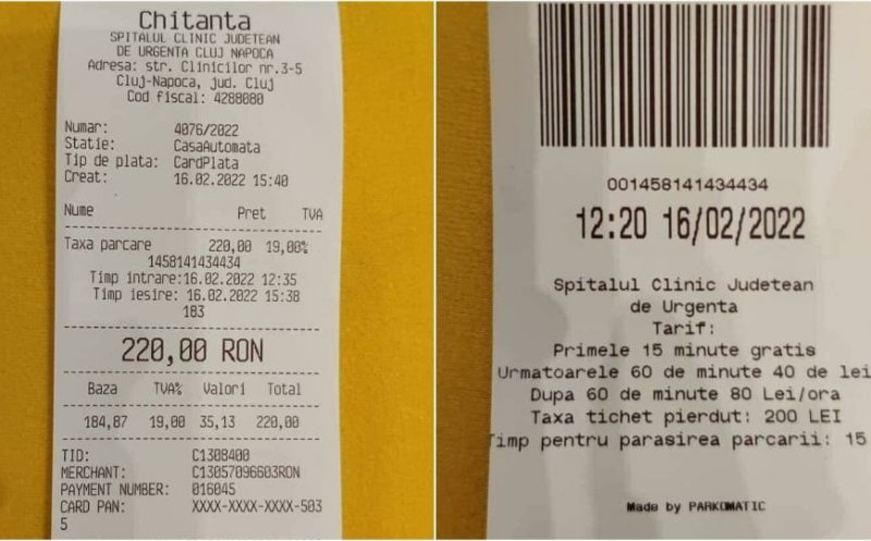 Peste 200 lei pentru 3 ore de parcare în curtea Spitalului Județean Cluj-Napoca. „În New York, pentru 24 de ore plătești 50 USD”