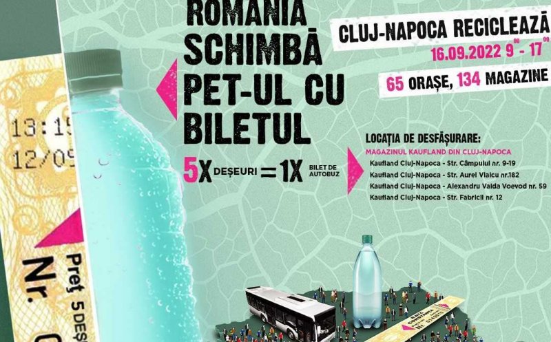 5 deșeuri (PET-uri, doze de aluminiu, sticlă)  = 1 BILET DE BUS! Unde poți face schimbul la Cluj-Napoca