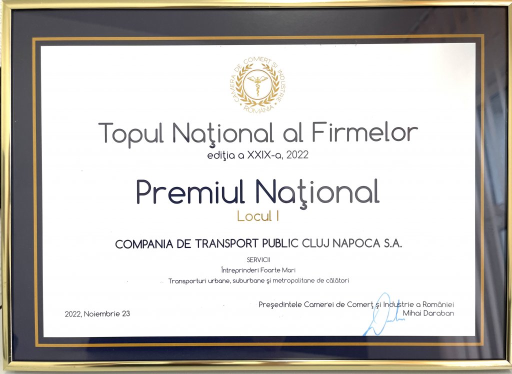Compania de Transport Public Cluj-Napoca este cea mai performantă din România. Locul 1 în Topul Național al Firmelor – Ediția 2022