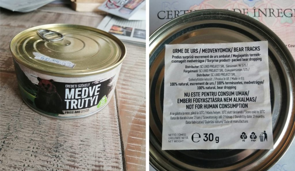 Rahat de urs la conservă, de vânzare în România: "100% natural, excremente de urs brun transilvănean. Fără gluten, fără conservanţi, vegan"