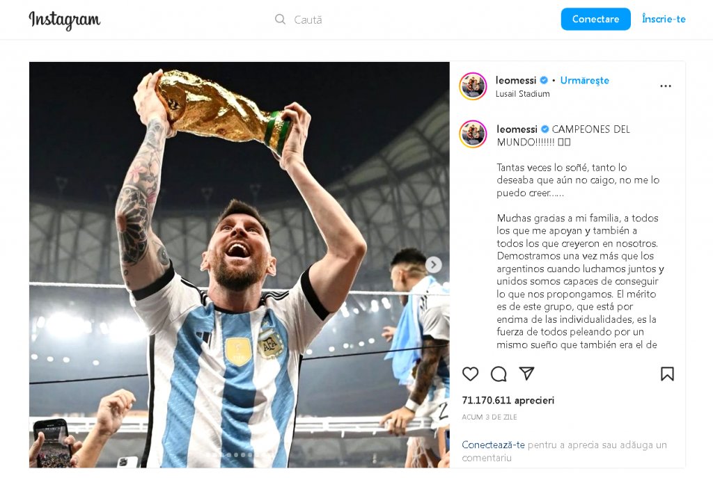 Messi, RECORD pe Instagram, cu o postare care a depăşit 70 de milioane de like-uri