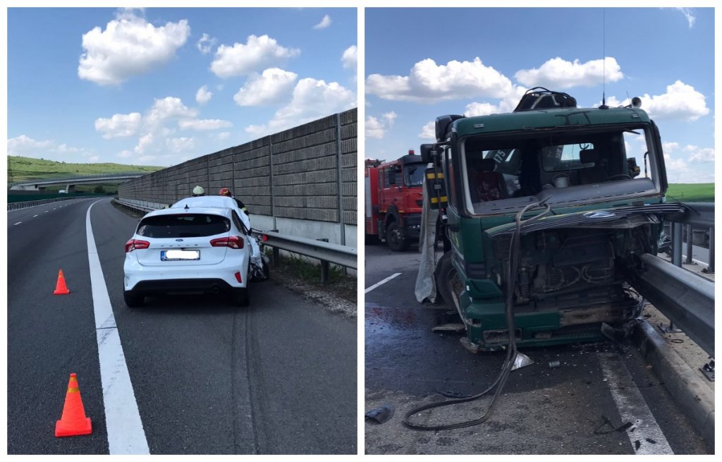 Accident pe autostrada Sebeș – Turda între o mașină și un camion. Există scurgeri de carburant