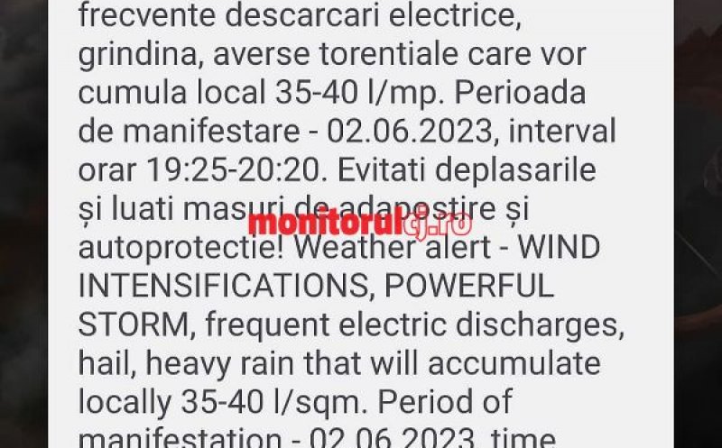 Mesaje Ro-Alert emise în Cluj-Napoca! COD PORTOCALIU de furtună în mai multe zone din județ