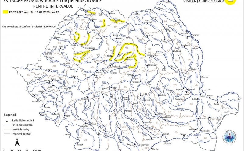 Cod galben de inundaţii pe râuri din 11 judeţe, între care şi Cluj, până joi