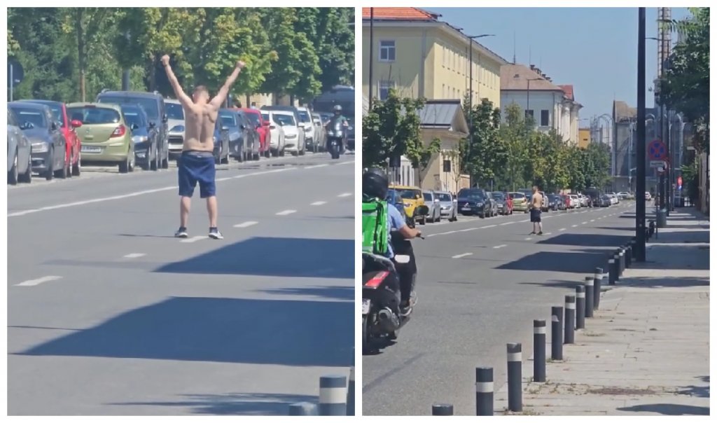 Imagini ȘOCANTE în Cluj-Napoca! Bărbat la bustul gol, filmat în timp ce se plimbă pe mijlocul străzii și se aruncă în fața mașinilor