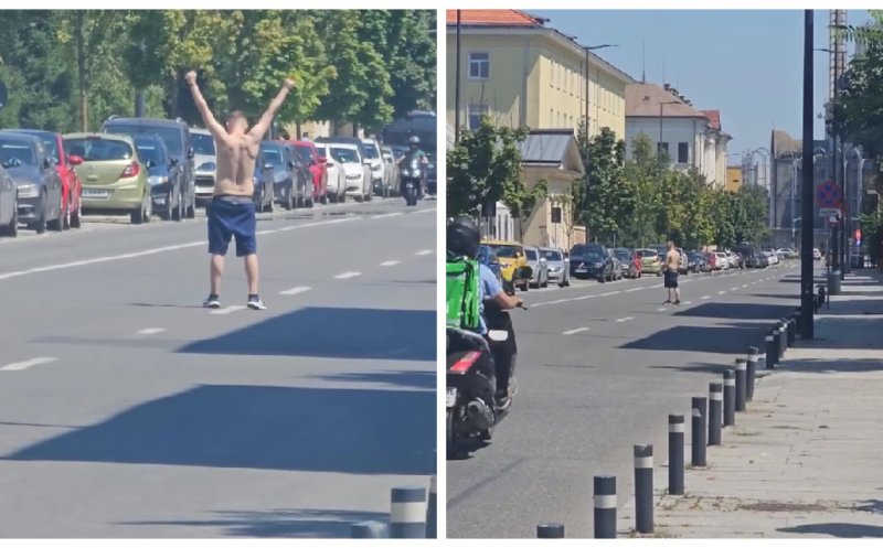 Imagini ȘOCANTE în Cluj-Napoca! Bărbat la bustul gol, filmat în timp ce se plimbă pe mijlocul străzii și se aruncă în fața mașinilor