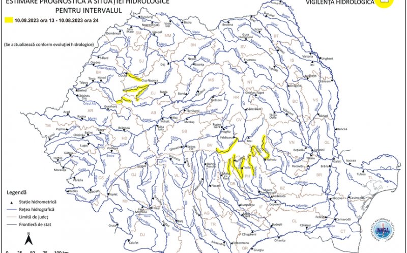 Cod Galben de viituri, cu posibile depăşiri ale cotelor de atenţie, pentru râuri din 8 judeţe între care și Cluj
