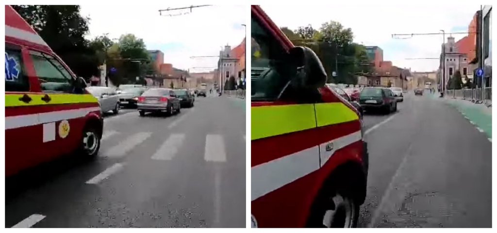 Manevră periculoasă. Un motociclist a fost la un pas să fie lovit de o ambulanță SMURD, în Cluj-Napoca