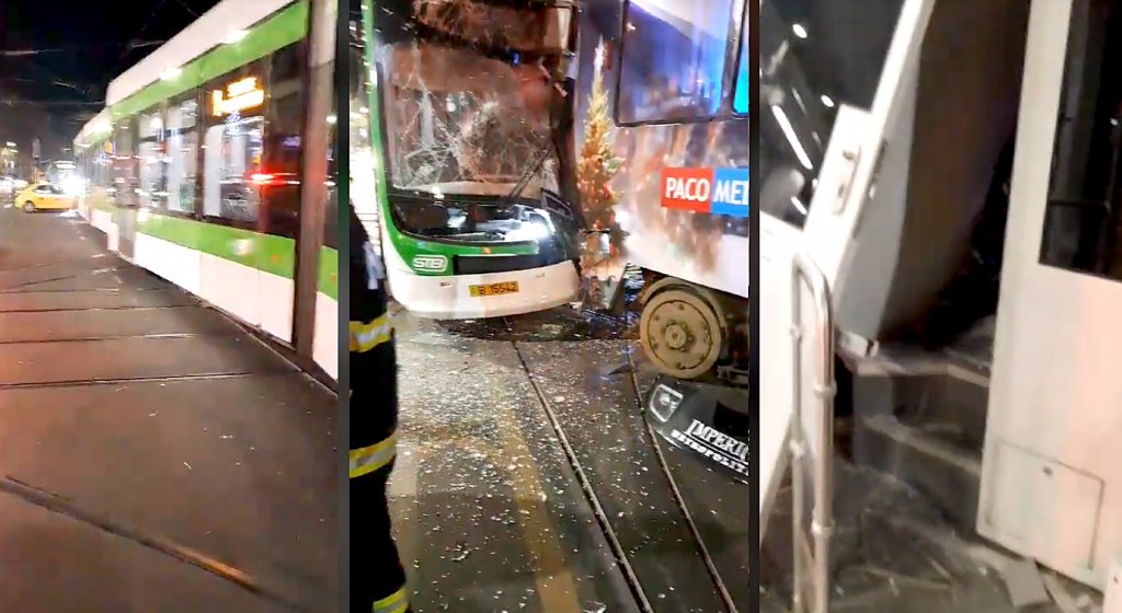 Tramvai Astra Imperio, pe modelul celor din Cluj-Napoca, făcut praf într-un accident din capitală / Coliziune frontală
