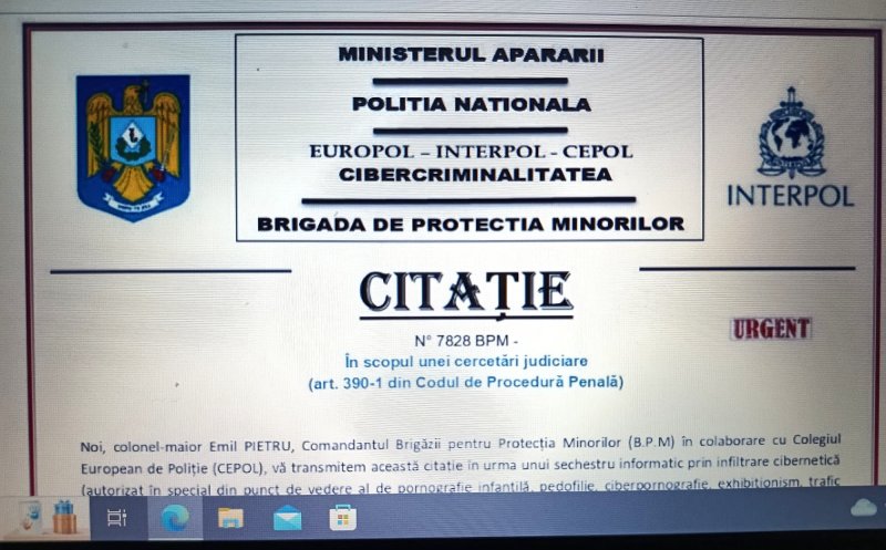 Citații cu acuzaţii de pedofilie, însoţite de ameninţări, primite pe e-mail de pensionari din Cluj-Napoca în numele Ministerului Apărării, Europol, Interpol, etc.