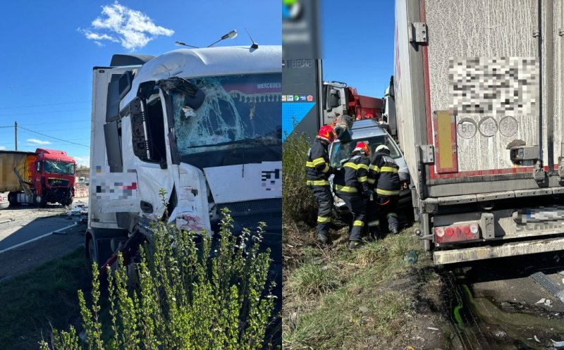 ACCIDENT între două camioane și două mașini, în județul Cluj! Patru persoane primesc îngrijiri medicale