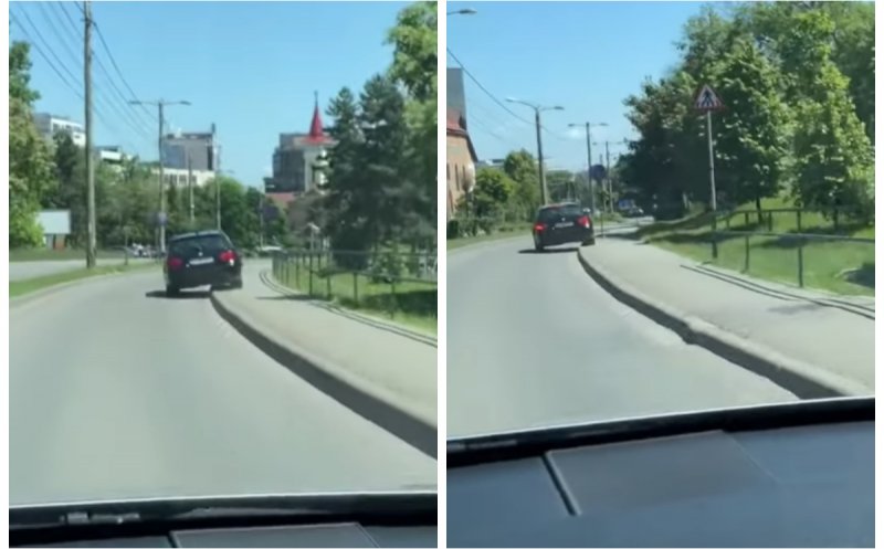 Scene bizare în Gheorgheni: Mașină condusă atât pe trotuar, cât și pe carosabil. "Atunci când o bandă de mers nu îți ajunge..."
