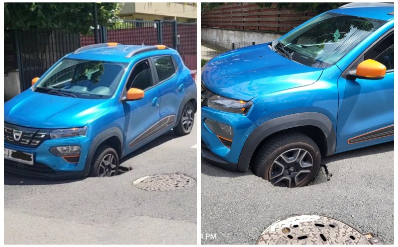 O mașină s-a oprit direct într-o groapă apărută în asfalt pe o stradă din Cluj-Napoca. "Bine că nu a trecut vreo basculă"