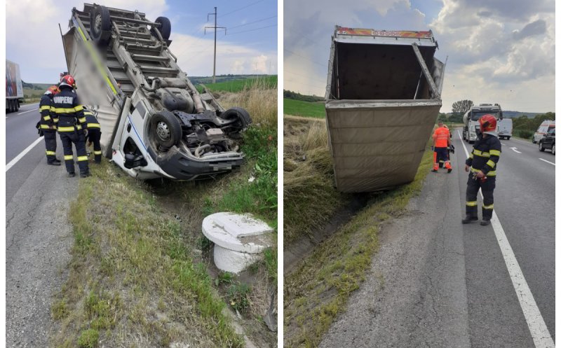 Camion RĂSTURNAT pe un drum din Cluj. A intervenit descarcerarea