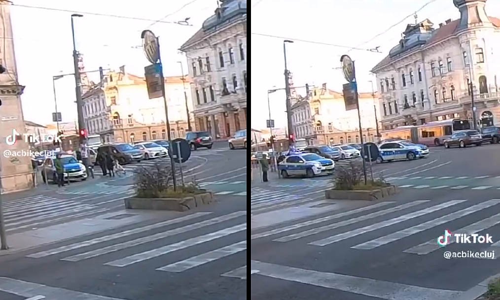 Anchetă în Cluj-Napoca după ce s-a viralizat un videoclip cu o maşină a Poliţiei circulând pe trotuar