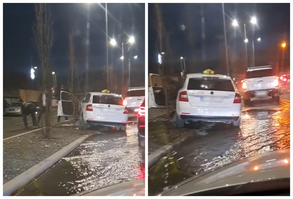 "Fântână arteziană" în Florești, după ce un taxi a intrat într-un hidrant. Strada, inundată