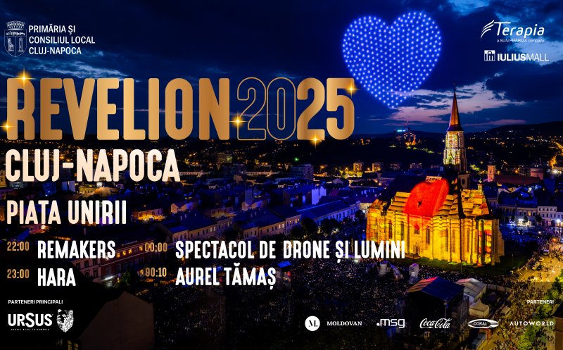 Revelion 2025 la Cluj-Napoca: atmosferă de sărbătoare, concerte, spectacol de drone și lumini în Piața Unirii