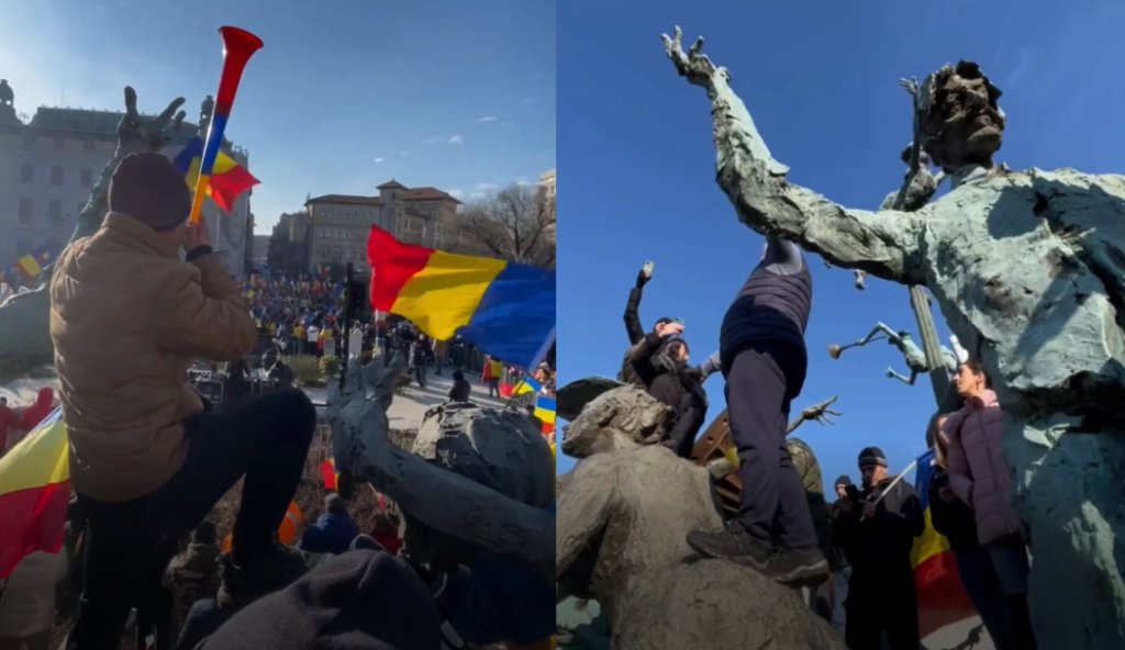 Gest JENANT la mitingul AUR din Capitală. Protestatarii s-au cocoțat pe grupul statuar cu personaje din Caragiale: "Ar fi scris despre ăștia dacă mai trăia"