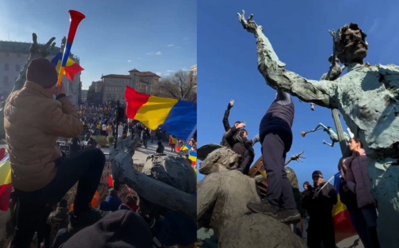 Gest JENANT la mitingul AUR din Capitală. Protestatarii s-au cocoțat pe grupul statuar cu personaje din Caragiale: "Ar fi scris despre ăștia dacă mai trăia"