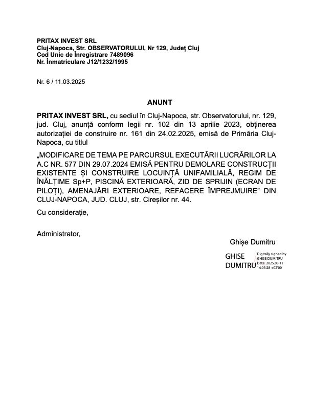 Anunț începere lucrări PRITAX INVEST
