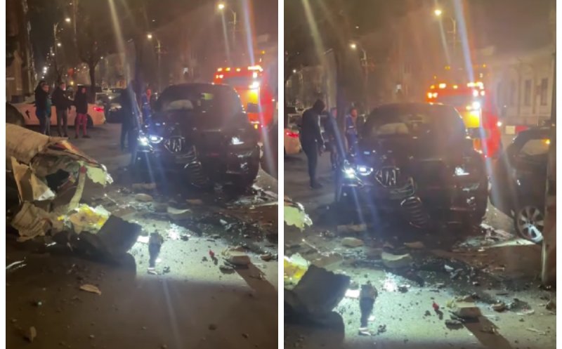 Accident în Cluj-Napoca: Un BMW a ajuns pe trotuar și a distrus un stâlp publicitar