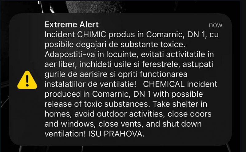 Circulaţie OPRITĂ pe DN1, mesaj Ro-Alert şi EVACUĂRI: Scurgeri de acid sulfuric dintr-o cisternă