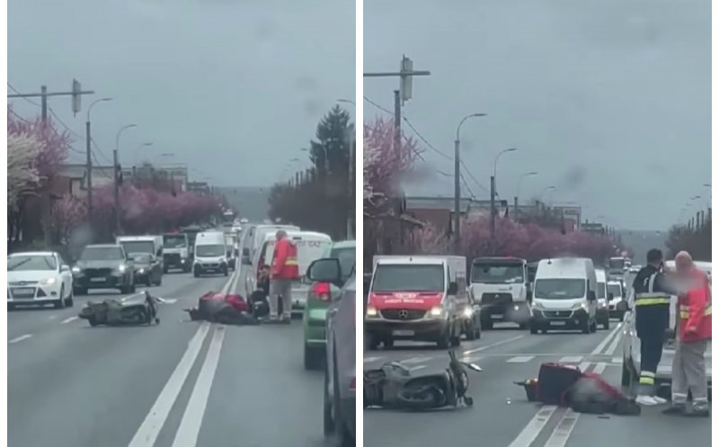Accident între un livrator pe scuter și o mașină, în Cluj-Napoca. Trafic îngreunat