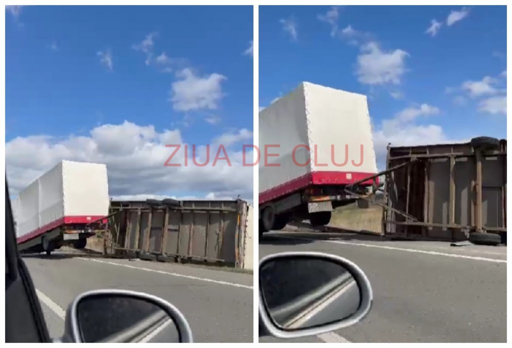 Accident pe centura Apahida–Vâlcele din cauza vântului puternic: Remorca unui camion s-a răsturnat