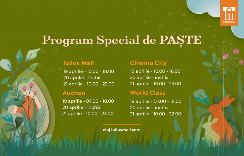 Deschise în a doua zi de Paște: Cinema City, Auchan, World Class și magazinele din Iulius Mall Cluj