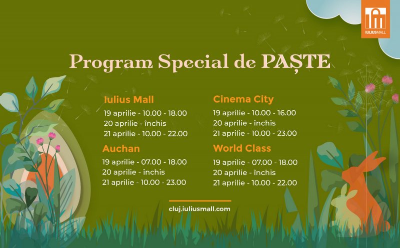 Deschise în a doua zi de Paște: Cinema City, Auchan, World Class și magazinele din Iulius Mall Cluj