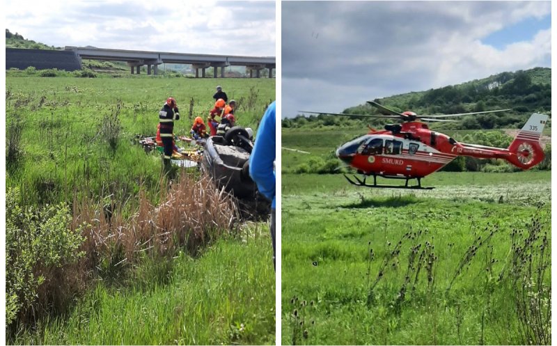 Accident rutier GRAV în Cluj: Patru victime încarcerate într-o mașină răsturnată. Intervine elicopterul SMURD