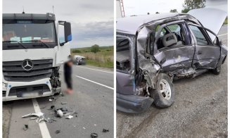 Accident grav între o basculantă și un autoturism, în Cluj. O persoană a ajuns la spital
