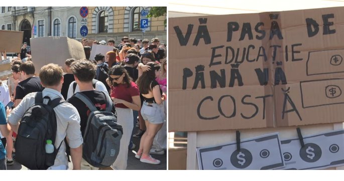 Studenții, protest în centrul Clujului față de reducerea burselor: "Educația nu e un moft"