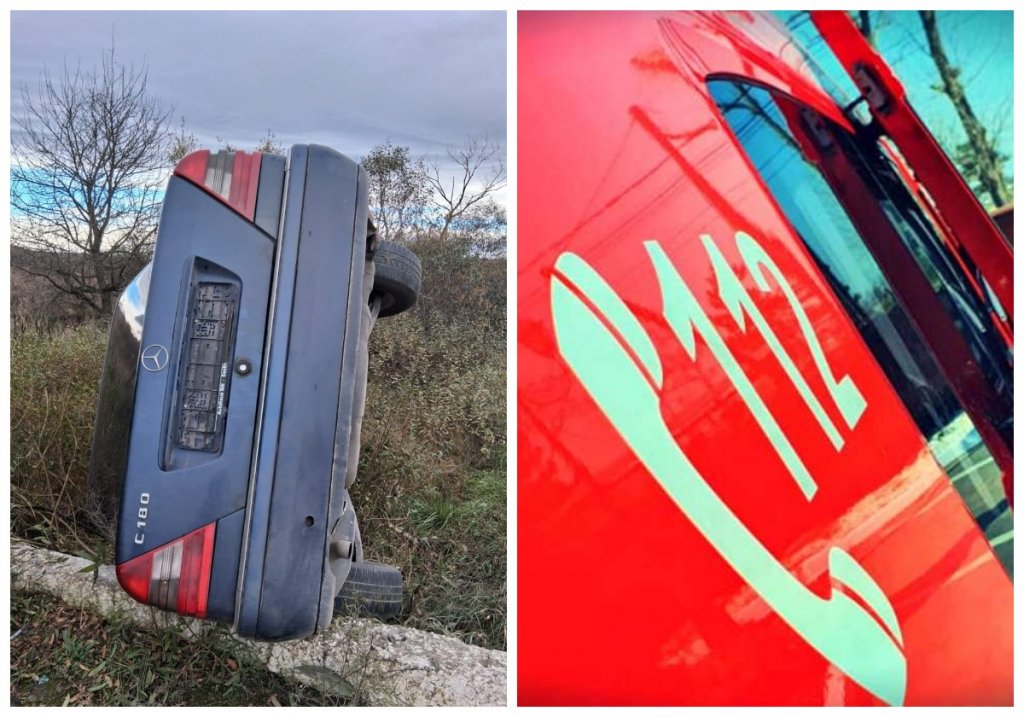 Mașină răsturnată pe un drum din Cluj. O victimă a fost transportată de urgență la spital