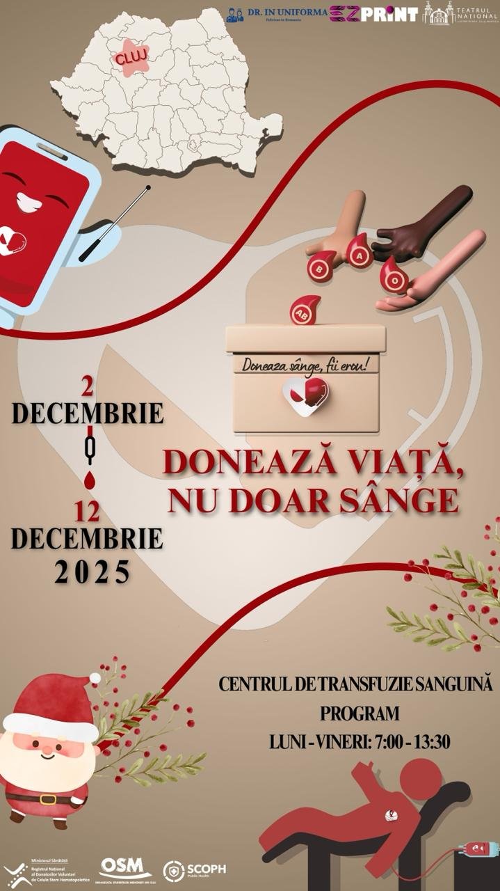 Campanie de donare de sânge la Cluj! Primești analize gratuite, 280 de lei, reducere la transportul public
