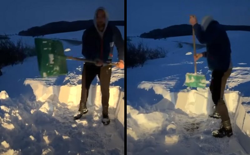 La lopată, în zăpadă până la genunchi, pe un drum județean din Cluj: ”Astea-s noile utilaje”