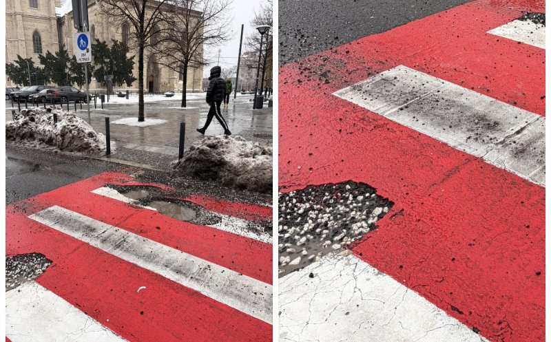 O trecere de pietoni din centrul Clujului arată ca după bombardament. "Și gropile-s de cinci stele aici"