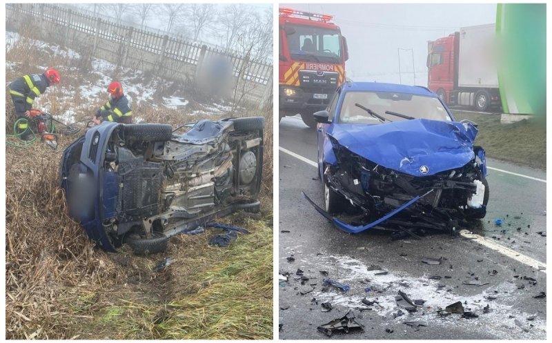Scene dramatice în Cluj: un autoturism s-a răsturnat după o coliziune cu o altă mașină. Un bărbat a rămas încarcerat