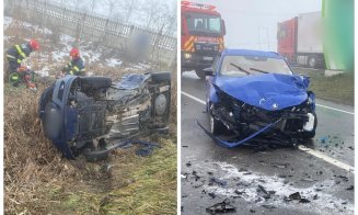 Scene dramatice în Cluj: un autoturism s-a răsturnat după o coliziune cu o altă mașină. Un bărbat a rămas încarcerat