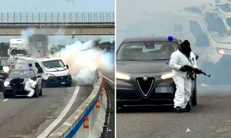 Jaf ca în filme pe o autostradă din Italia. Incidentul șocant, cu mașina blindată de valori atacată de un comando, transmis în direct pe rețelele sociale