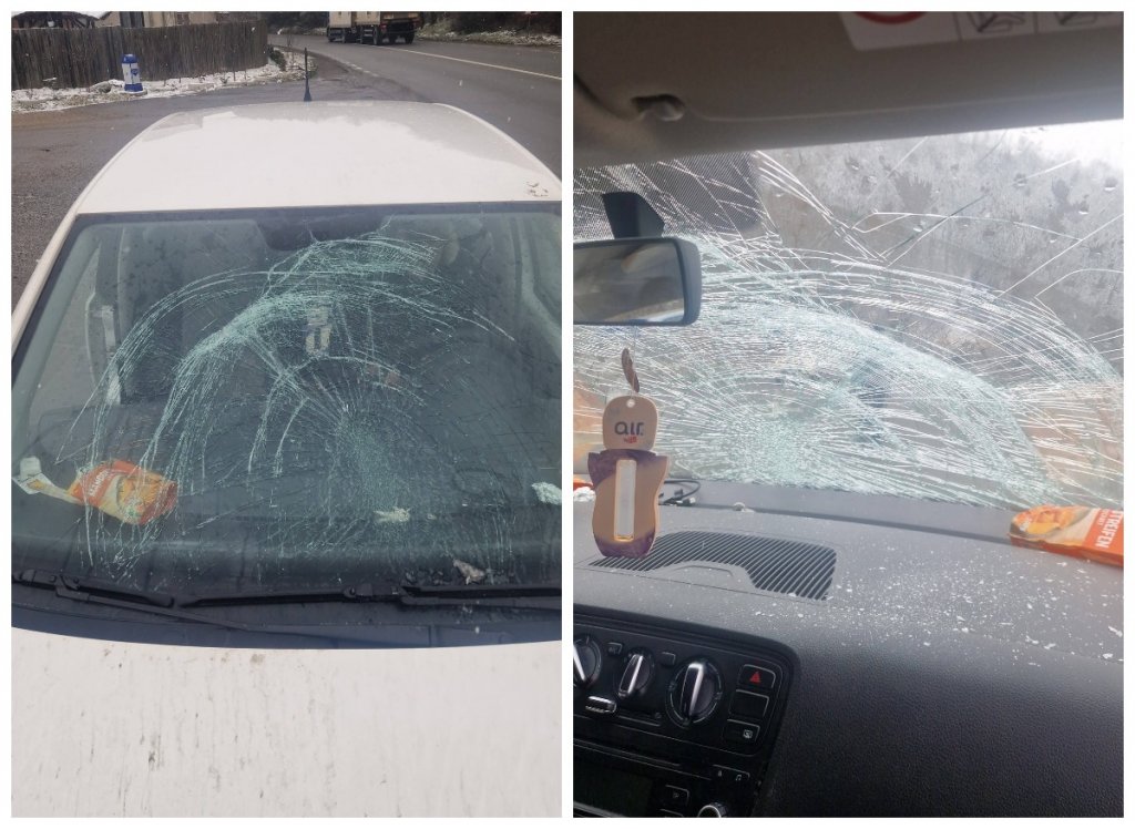 Pățania unui șofer clujean: o bucată de gheață i-a făcut praf parbrizul în trafic