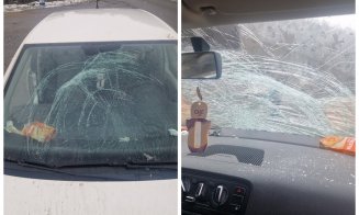 Pățania unui șofer clujean: o bucată de gheață i-a făcut praf parbrizul în trafic