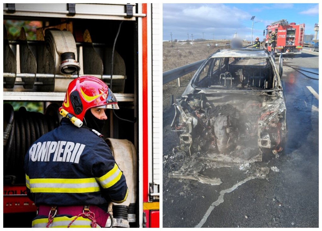 Intervenție dramatică a pompierilor clujeni pe DN1: un autoturism a luat foc
