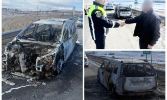 La un pas să fie ars de viu: un clujean a rămas lângă autoturismul în flăcări pentru a-și salva bunurile, dar a fost evacuat de un polițist