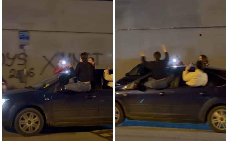 Scene incredibile la Cluj: patru fete, inclusiv șoferița, surprinse ieșite pe geamurile unei mașini în mers. Tinerele dansează și se filmează